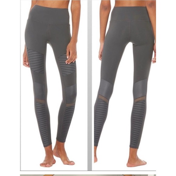 ALO Yoga Pants - Alo Yoga Moto Leggings Gray Ribbed Full length High Rise Compression Medium